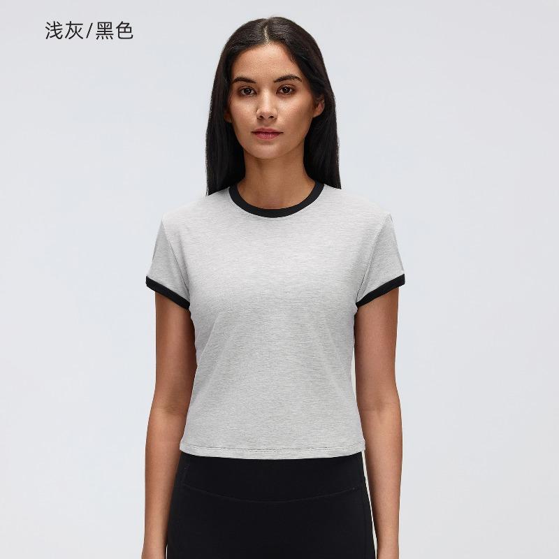 Contrasting Color Front Shoulder Short Sports Short-sleeved T-shirt Women's Summer Solid Color Round Neck Sports Yoga Top