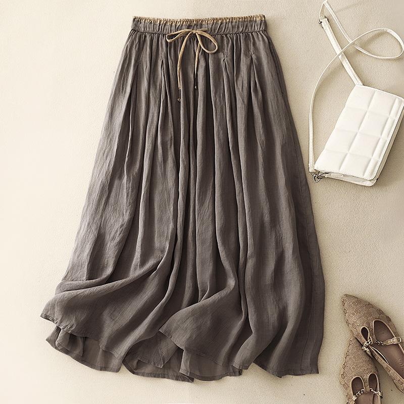 Skutečné léto nové bavlna a len literární volná ležérní splývavá středně dlouhá dvouvrstvá sukně s vysokým pasem