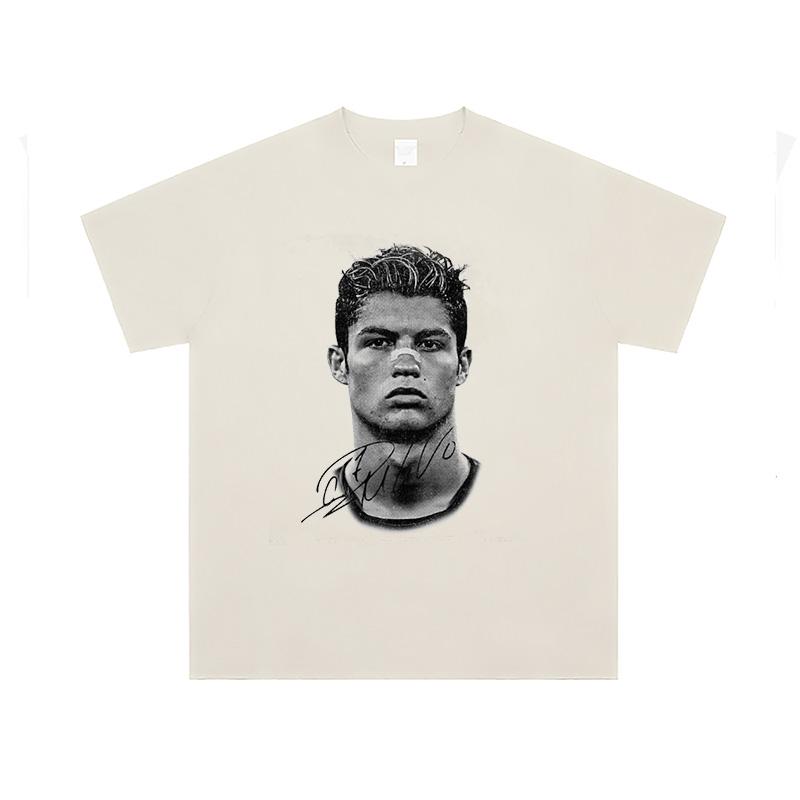 Summer Men's100% PureCotton Football Character Portrait Printed T-shirt Personalized Street Loose Round Neck Short Sleeved Shirt