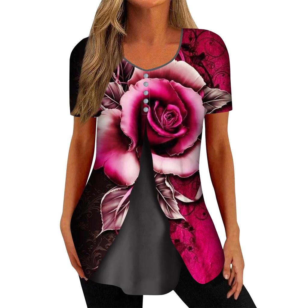 Shirts For Women Short Sleeve Tops Dressy Summer Casual Printed V-neck Irregular Hem Blouses Tees