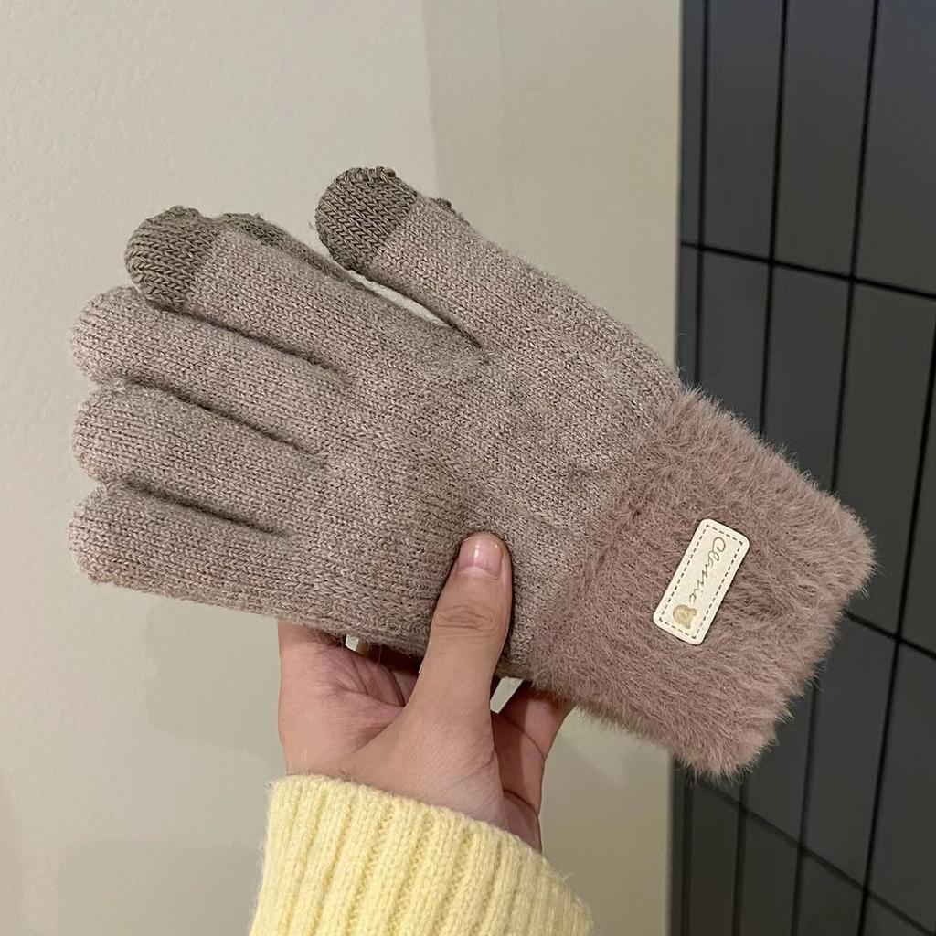 New  Autumn and Winter Gloves Ladies Cycling Rows Warm Finger Solid Color Touch Screen Fleece Thickened Knitted Cute Student