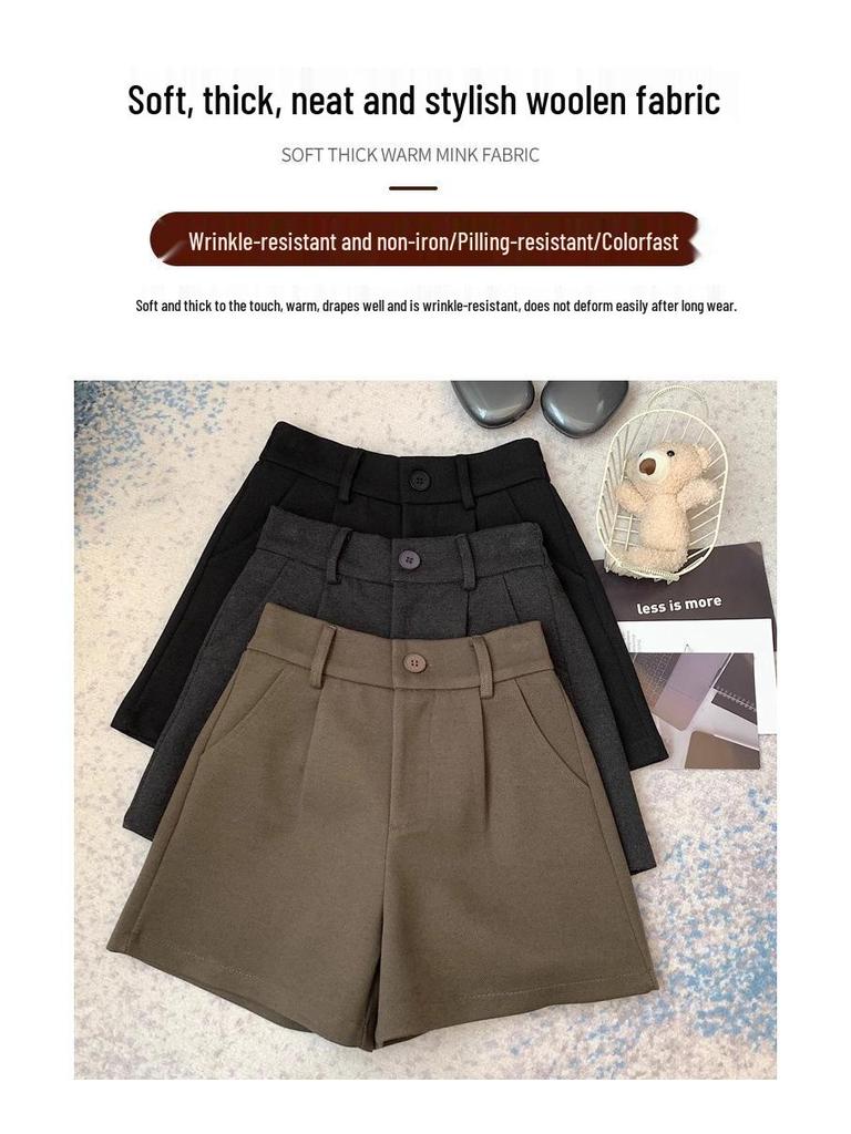 Plus Size Women's Black Wool Wide-Leg High-Waisted A-Line Shorts for Fall/Winter