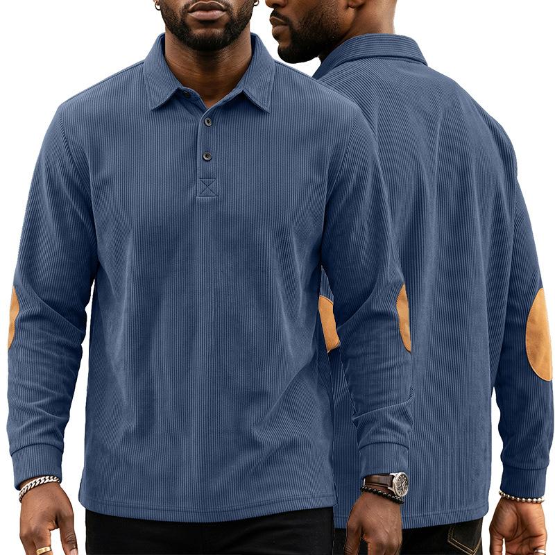 Autumn Winter Men Waffle Rib Knit Polo Shirts Contrast Suede Elbow Patches Lapel Collar Button Placket Vintage Long Sleeve Corduroy Textured Tops