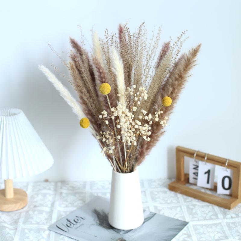 Nordic Style Mixed Dried Flower Bouquets with Reeds, Dusters, Golden Balls, and Lagurus Ornaments for Home Decor.