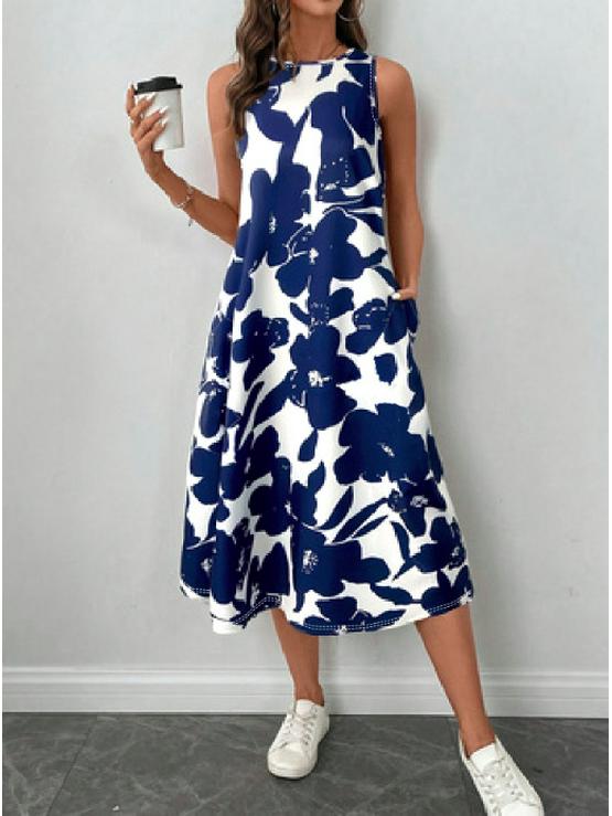 Standard Size Women's Blue & White Floral Sleeveless Vest Dress - Spring/Summer Loose Midi Skirt