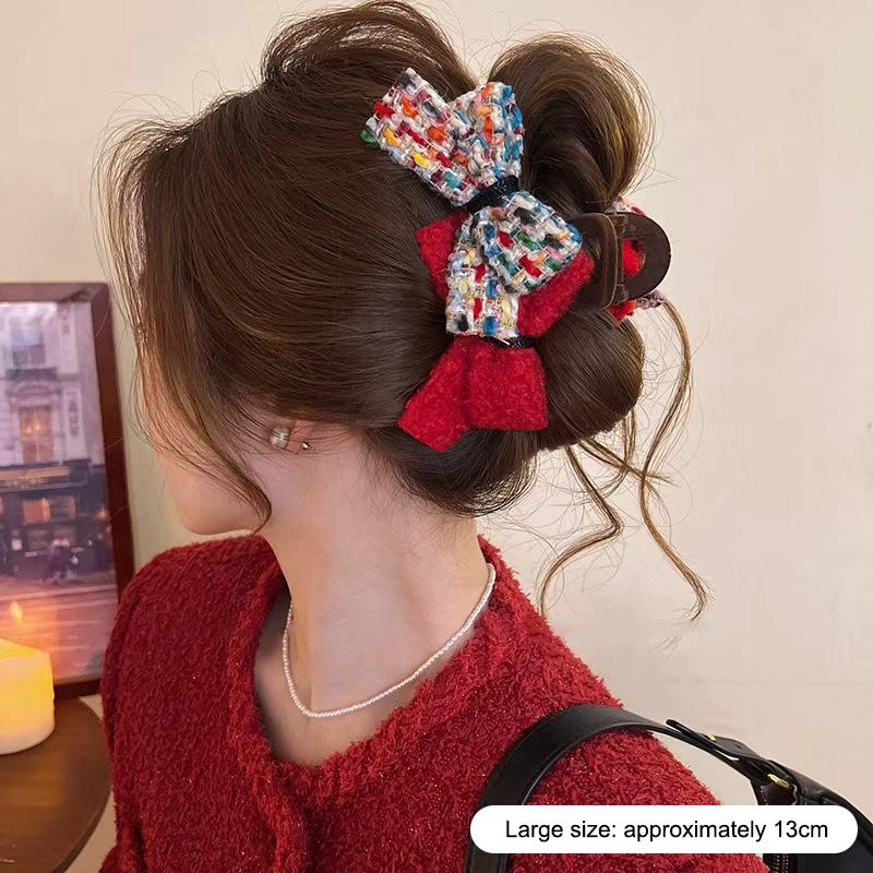 Retro Autumn And Winter Wool-blend Color-block Double Bow Hair Clip For Women Girls Large Shark Clip Hair Accessories