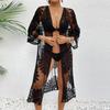 Damskie Czarne Koronkowe Szydełkowane Kimono Cover Up Haft Kwiatowy Przezroczysta Siatka Wiązane w Pasie Odzież Plażowa