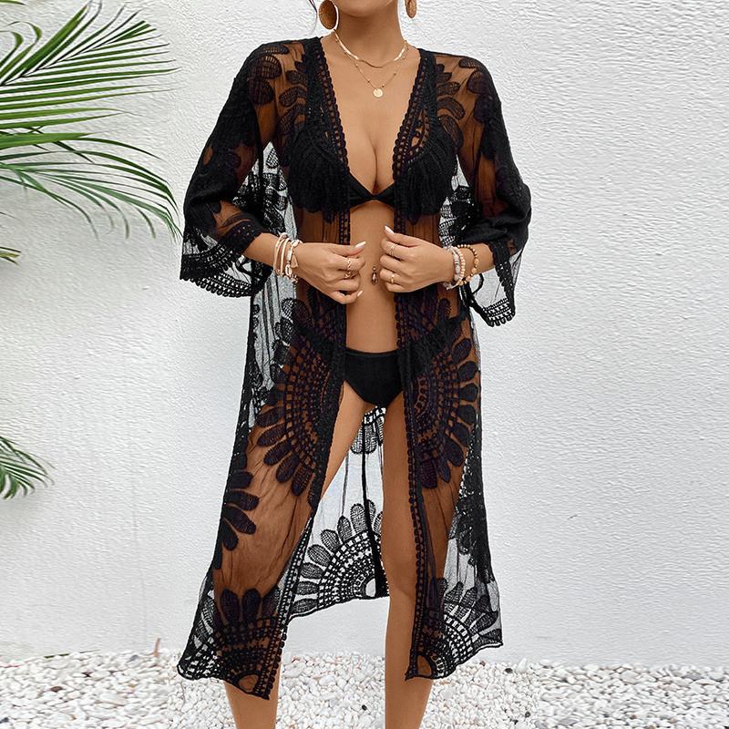 Damskie Czarne Koronkowe Szydełkowane Kimono Cover Up Haft Kwiatowy Przezroczysta Siatka Wiązane w Pasie Odzież Plażowa