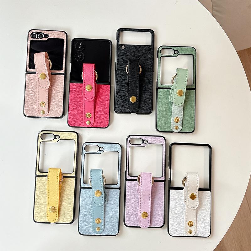 Applicable To Samsung Zflip6 Folding Leather Phone Case Findn3Flip Wristband Flip Xflip Solid Color Hard Case