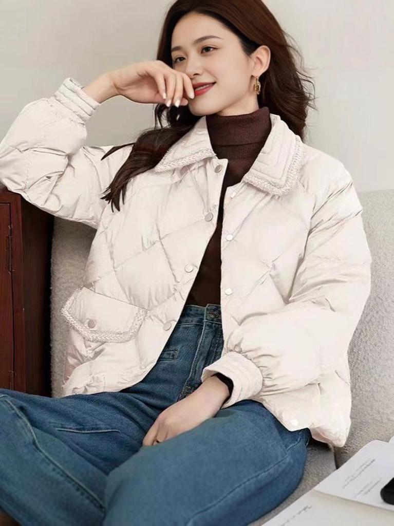 Women's Stylish Diamond Pattern Short Down Jacket - Winter Loose Thickened Coat, 2025 New Style for Petite Sizes.