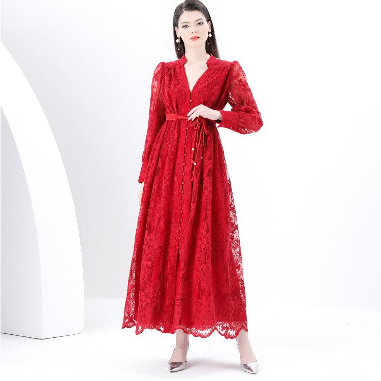Women's V Neck Long Sleeve Maxi Dress Slim Fit High Waist Elegant Lace A Line Dress