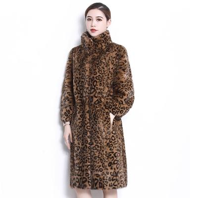 Women's Fur Leopard Print Mink Coat Whole Mink Long Fashion Casual Warm Mink Fur Coat Young