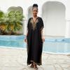 EDOLYNSA Vestido playero bohemio negro con cuello de pico para mujer, Túnica larga, caftán Sexy, ropa de playa de talla grande, traje de baño Q1545 2024