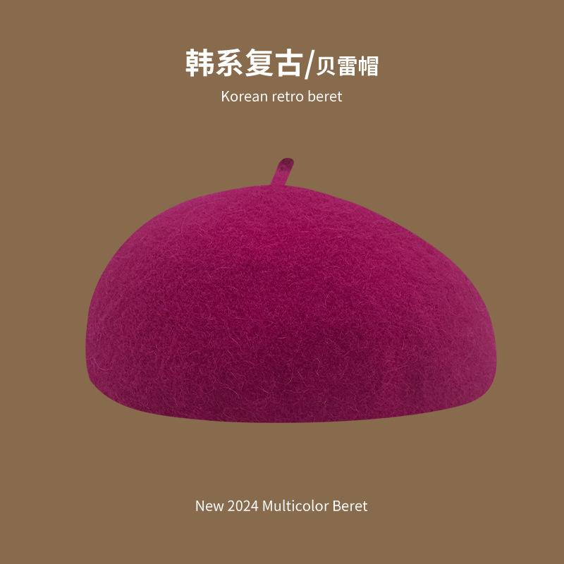 Beret Women's Pure Color Wool Heattechknitting Octagonal Hat Korean Styleretrowoolen Light Plate Painter Hat