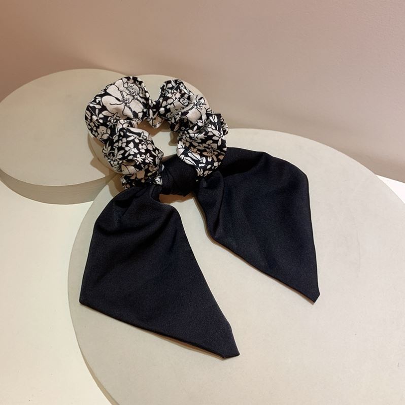 Simple Black and White Floral Headwear Bow  Low Ponytail Hair Accessory  Ribbon  Large Intestine Hair Band