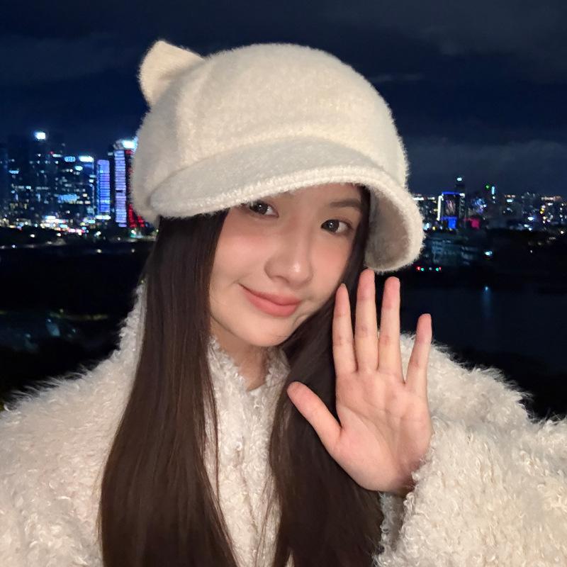 Koreanische Niedliche Katzenohren Plüsch Baskenmütze Herbst und Winter Lässige Gesicht Zeigende Kleine Warme Mütze Modische Vielseitige Malermütze Neu