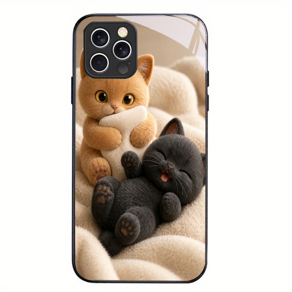 Kitten Tempered Glass Case For iPhone 17 16 Plus 15 Pro 13 14 12 Anti Scratch Raised Camera Lens Protection Cellphone Shell