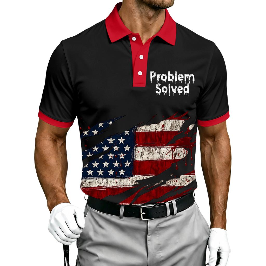 Men's Short Sleeve Polo Shirt Halloween Flag Print Casual Button Down Collar Top Lightweight Breathable Fabric Summer Wear