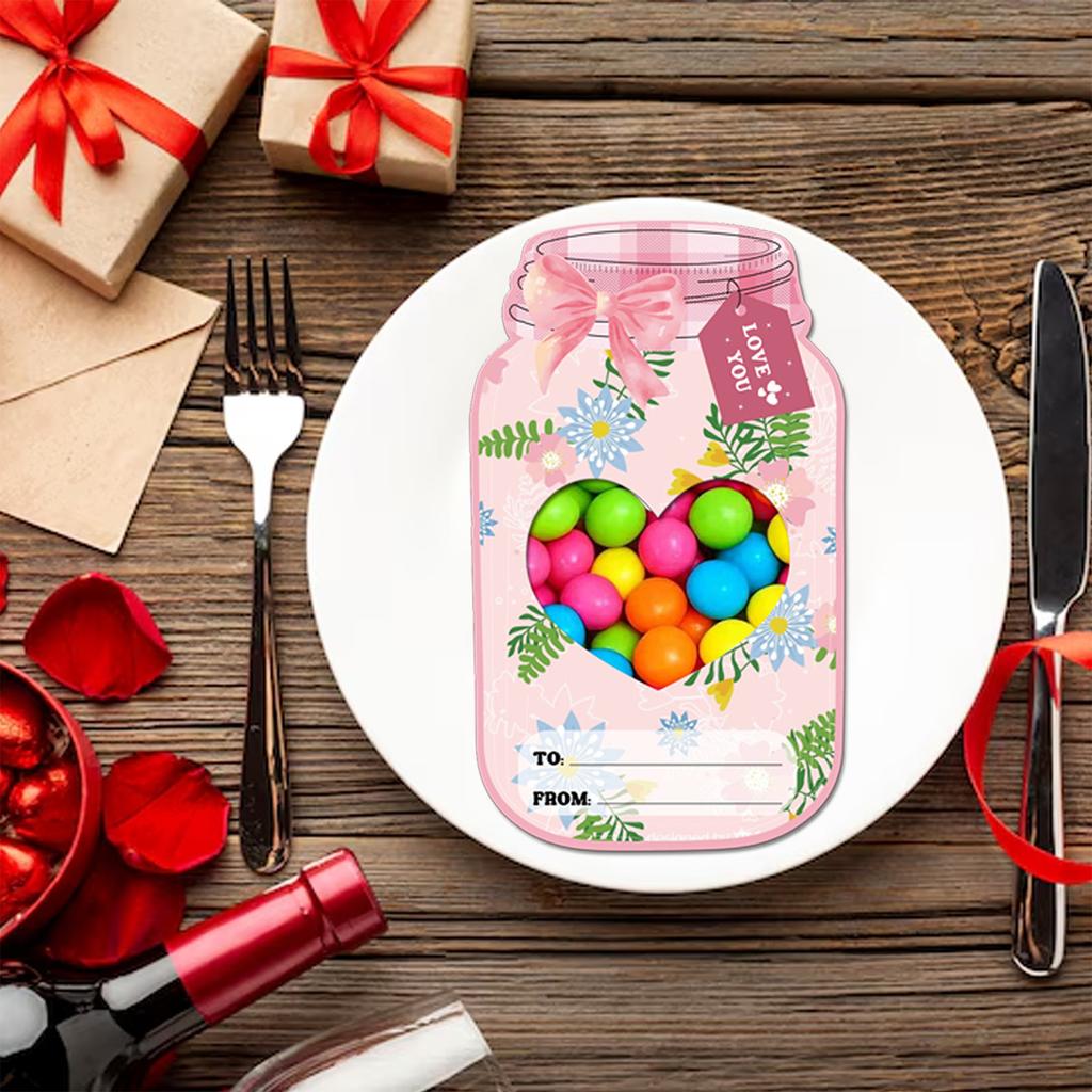 Candy Jar Paper Greeting Cards with Clear Seal Bag for Kid Birthday and Student Classroom Valentines Gift Exchanging
