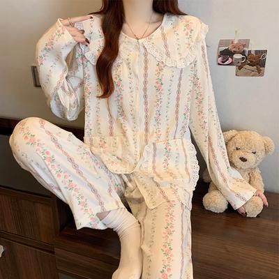 High-End Simple Pajamas Women'S Cloud Cotton Striped Flowers Long Sleeves Spring New Loungewear Set