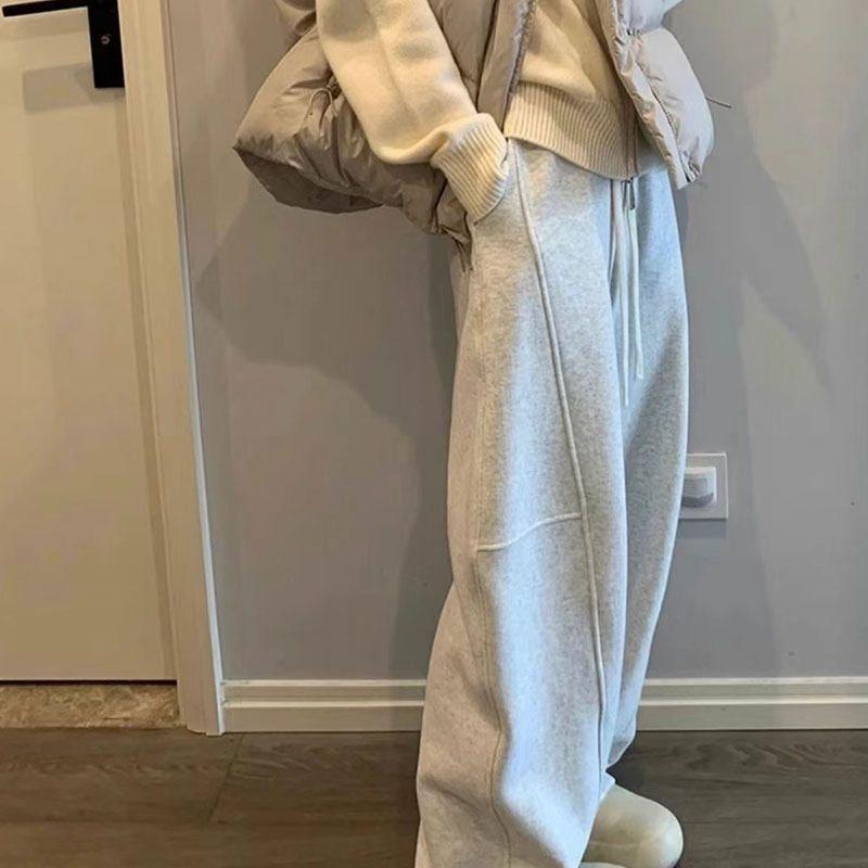 

Gray American-Style Sweatpants for Women, Spring and Autumn 2026 New Korean Version Straight-Leg Patchwork Banana Fleece-Lined Wide-Leg Pants Gray [Without Velvet] S