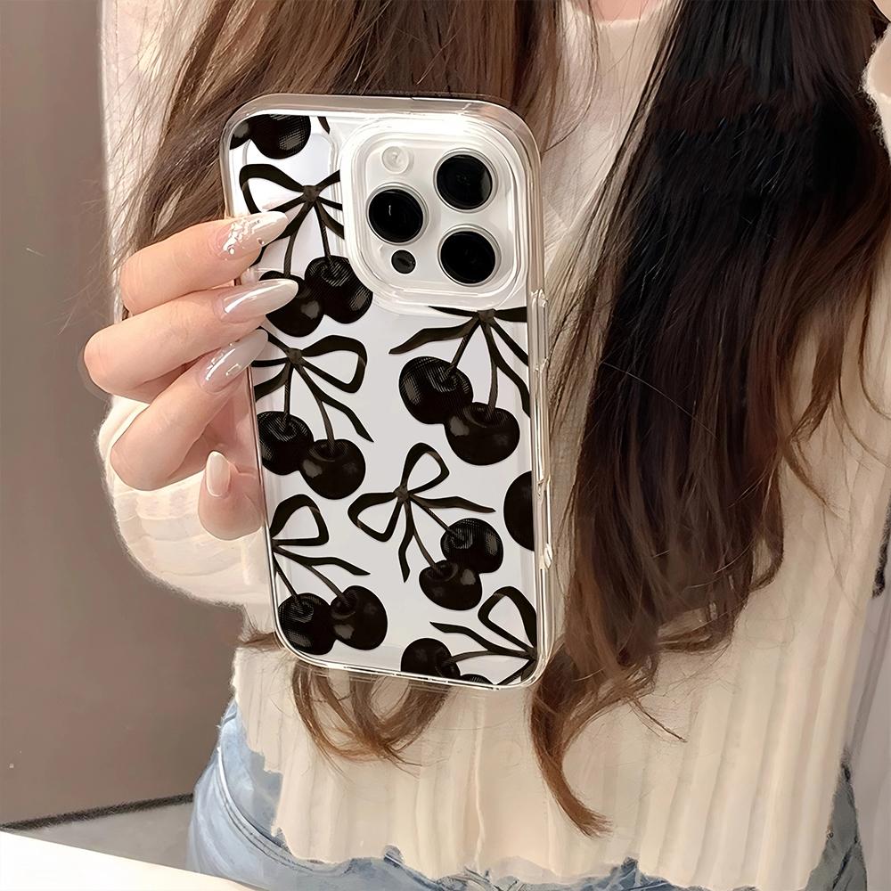INS Black Cherry Bowknot Clear Phone Case For Samsung Galaxy A14 A15 5G S21 S22 S23 S24 FE Plus Ultra A25 A35 A52 A53 A54 A55 5G