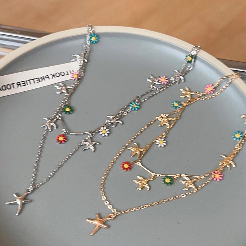 Bohemia Double Layer Daisy Clavicle Chain Necklace for Women Colorful Flower Starfish Pendant Metal Chain Choker Party Jewelry