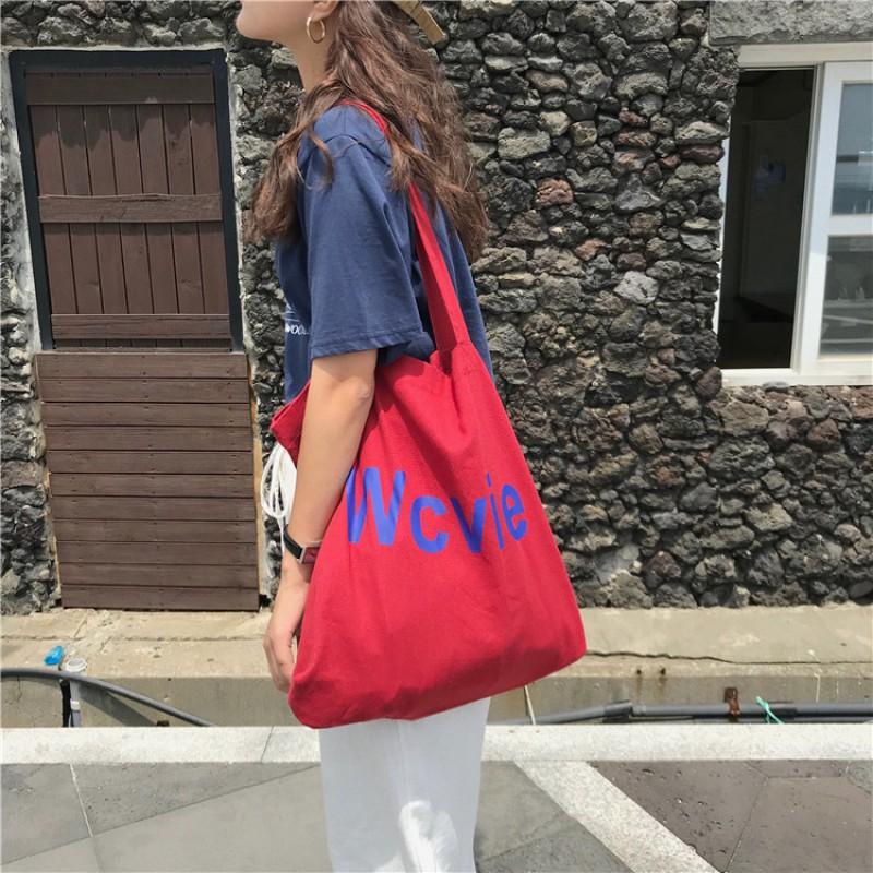 Korean Version Ins Same Model Red Canvas Bag Casual Letter Printed Shoulder Large Capacity Student Schoolbag