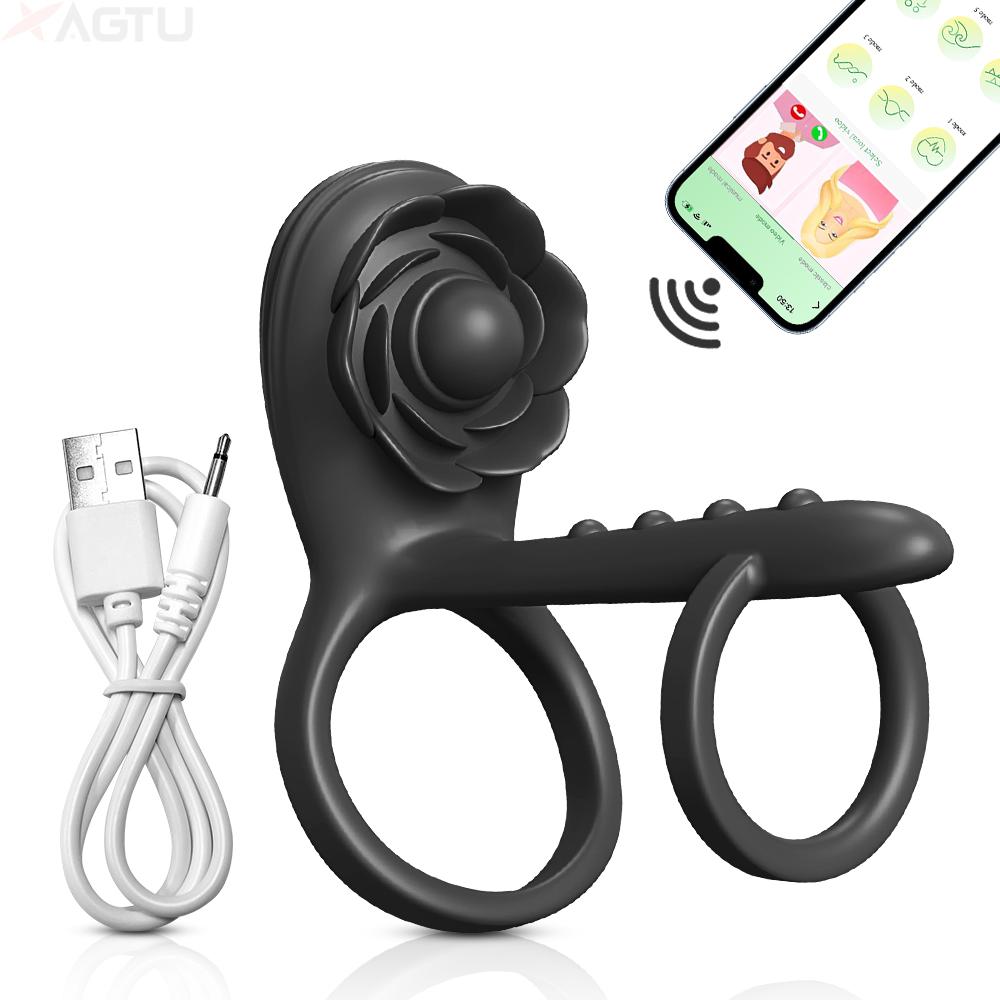 APP Rose-Vibrating Corking for Men Ejaculation Delay Penetration Dick Double Penis Rings Perineum Stimualtor Sex Toy for Men