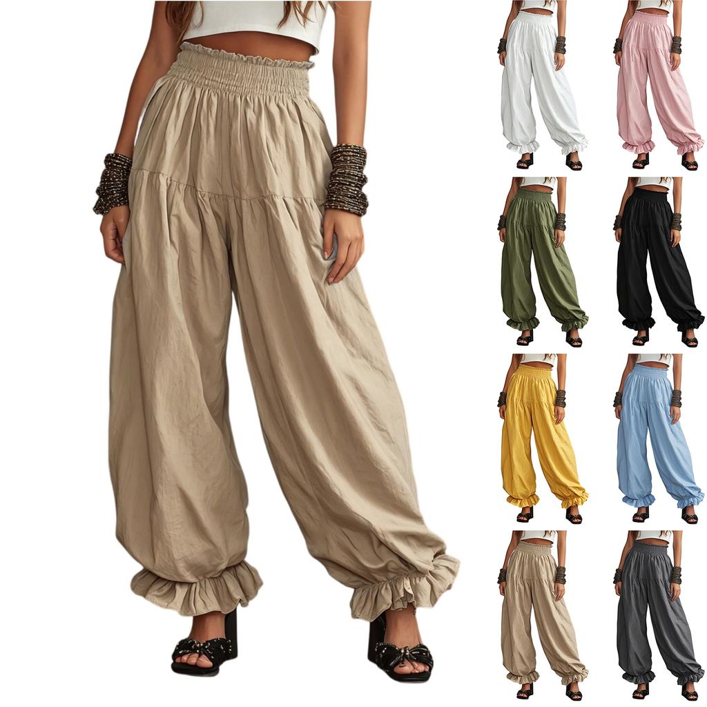 Women's Casual Lantern Pants High Waist Wide Leg Ruffle Hem Loose Fit Long Trousers Summer Lightweight Comfortable Design