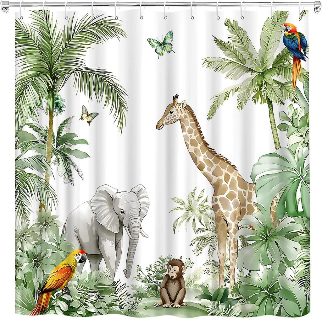 GAEJungle Animal Shower Curtain Forest Giraffe Elephant Rainforest Tropical Safari Green Plant Wildlife Parrot Watercolor Show