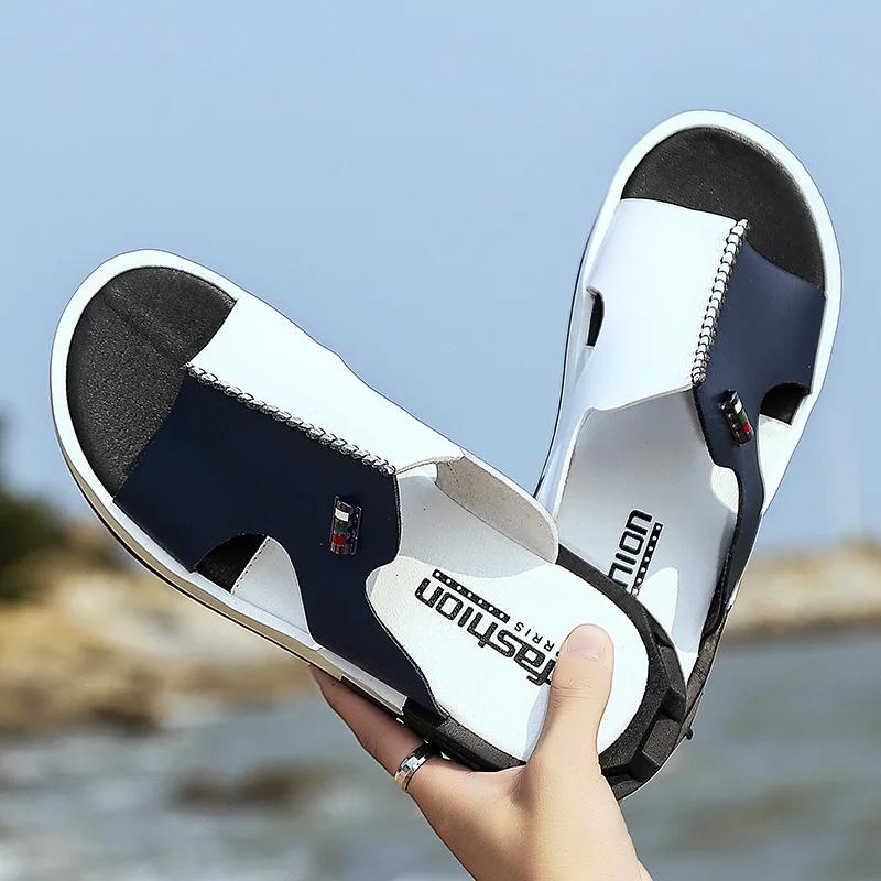 Men Slippers Slip On Summer Slides Thick Sole Non-slip White Sandals Flat Beach Shoes Male Slipper Peep Toe Shower Flip Flops