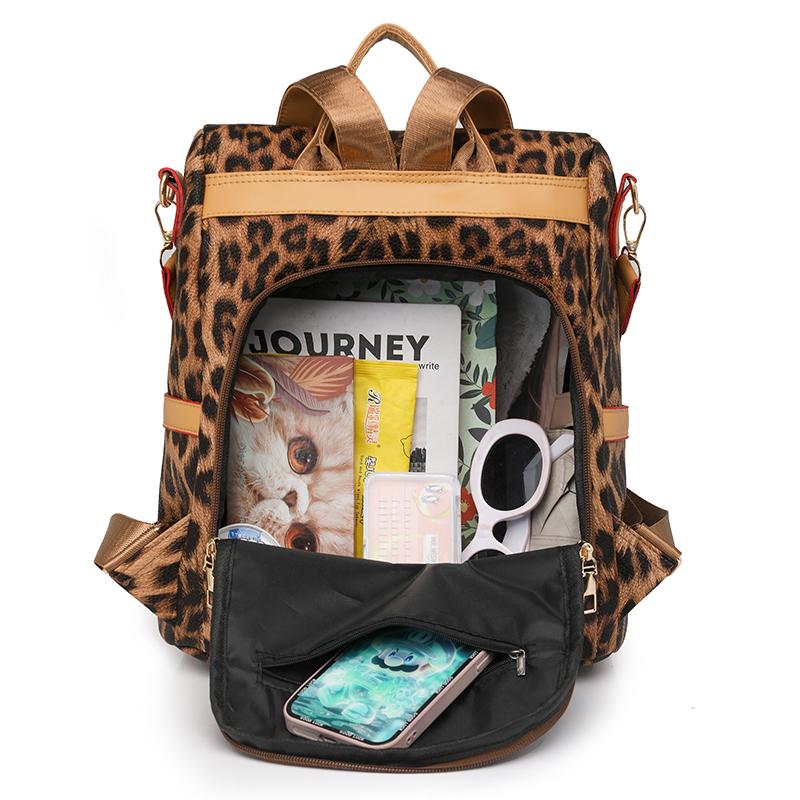 Damen Rucksack aus weichem Leder mit Diebstahlschutz, Mehrzweck-Schultertasche mit Leopardenmuster