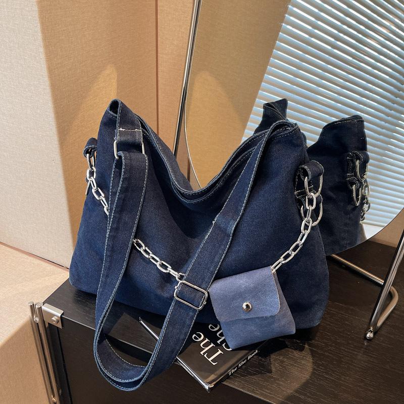 Large capacity chain denim shoulder bag women's new high-end sense child and mother messenger bag casual versatile student tote bag