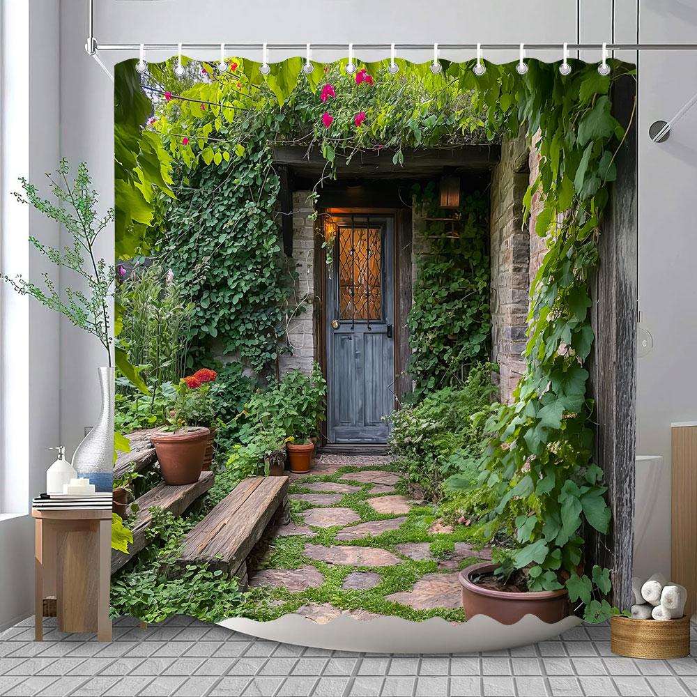 Full Of Flowers European Window Wall Shower Curtain Natural Scenery Outdoor Garden Poster Polyester Bath Curtains Bathroom Decor