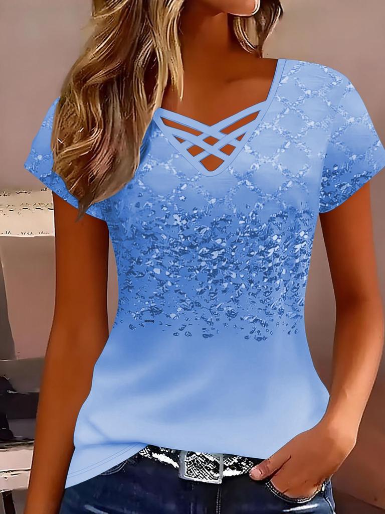 Women's Trendy V-Neck Cross-Strap Gradient Print Short-Sleeve T-Shirt - European & American Style