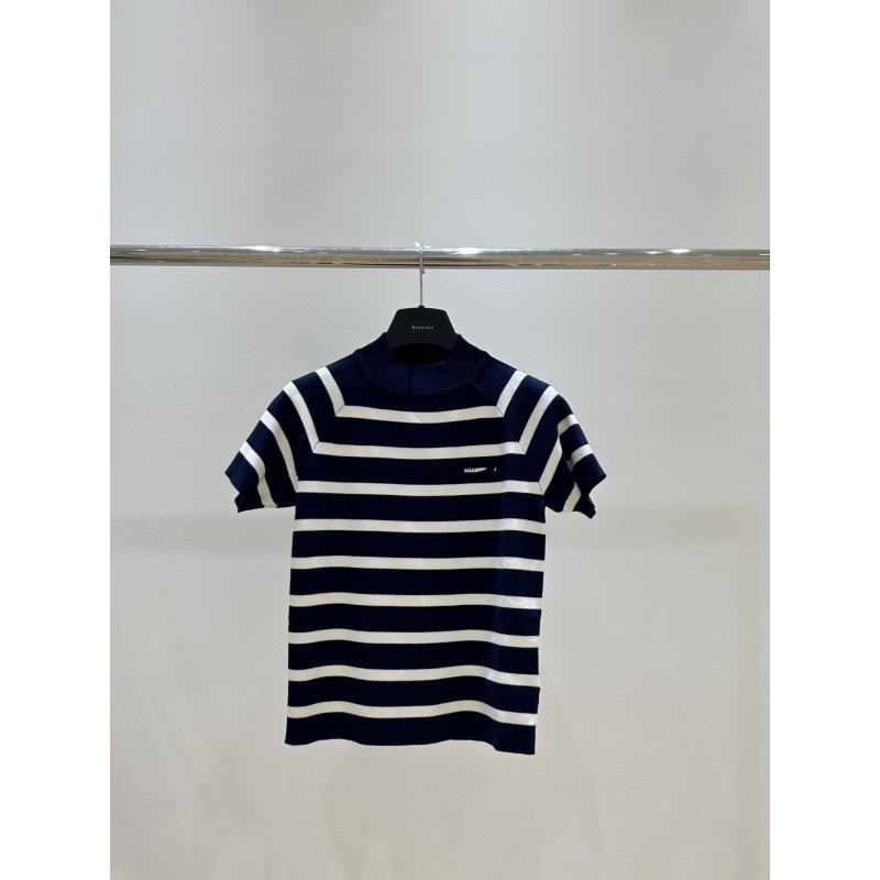 Trend MM new semi-turtleneck black and white striped knitted new short-sleeved crew neck T-shirt summer new S
