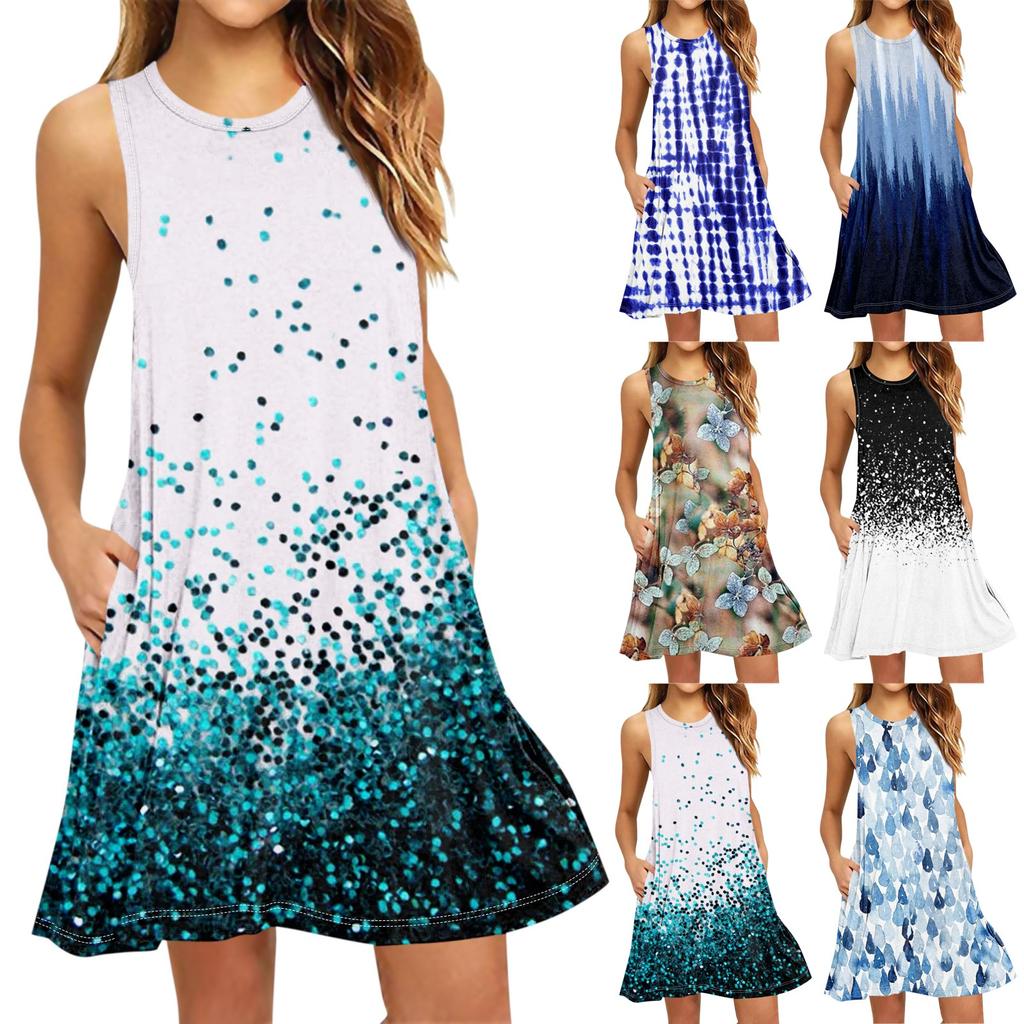 Women's Fashion Beach Skirt Round Neck Sleeveless Print Dress