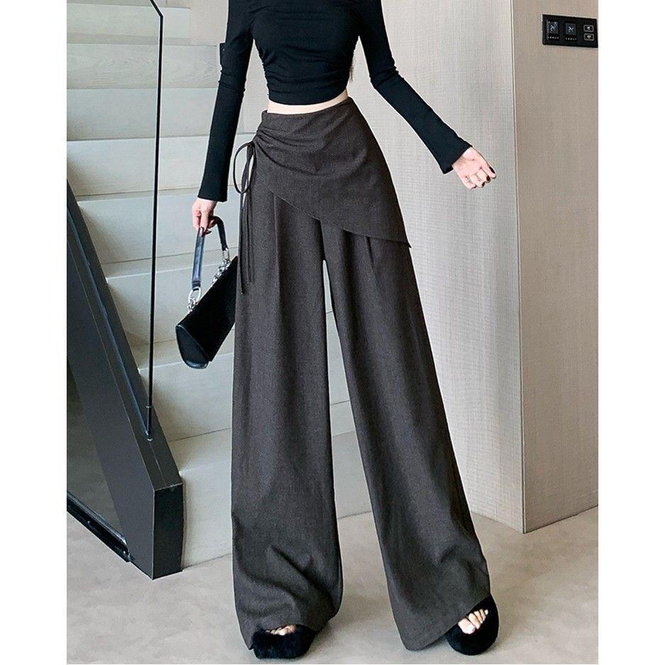 

High-Waist Black Lace-Up Wide-Leg Skirt Pants - New Autumn Design for Women S 90-100 cm серый