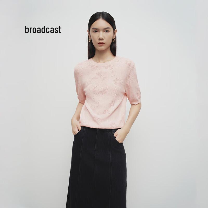 broadcast Women's Jacquard Round Neck Short Sleeve Knit Top