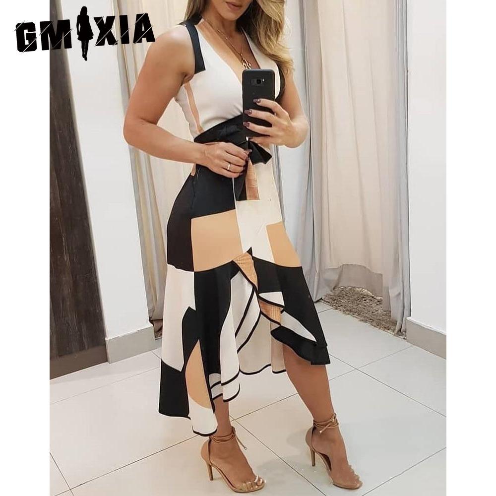 GMXIA New Fashion Women Sleeveless V-Neck Colorful Print Tank Dress