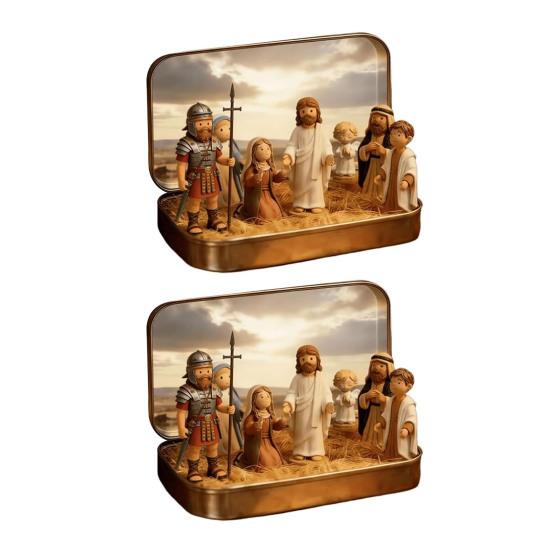 1/2 Stück Jesus Kreuzigungsszene Set in Blechdose Handgefertigt Taschenformat Miniatur Jesus Auferstehung Blech Harz Ornament Religiöse Dekoration