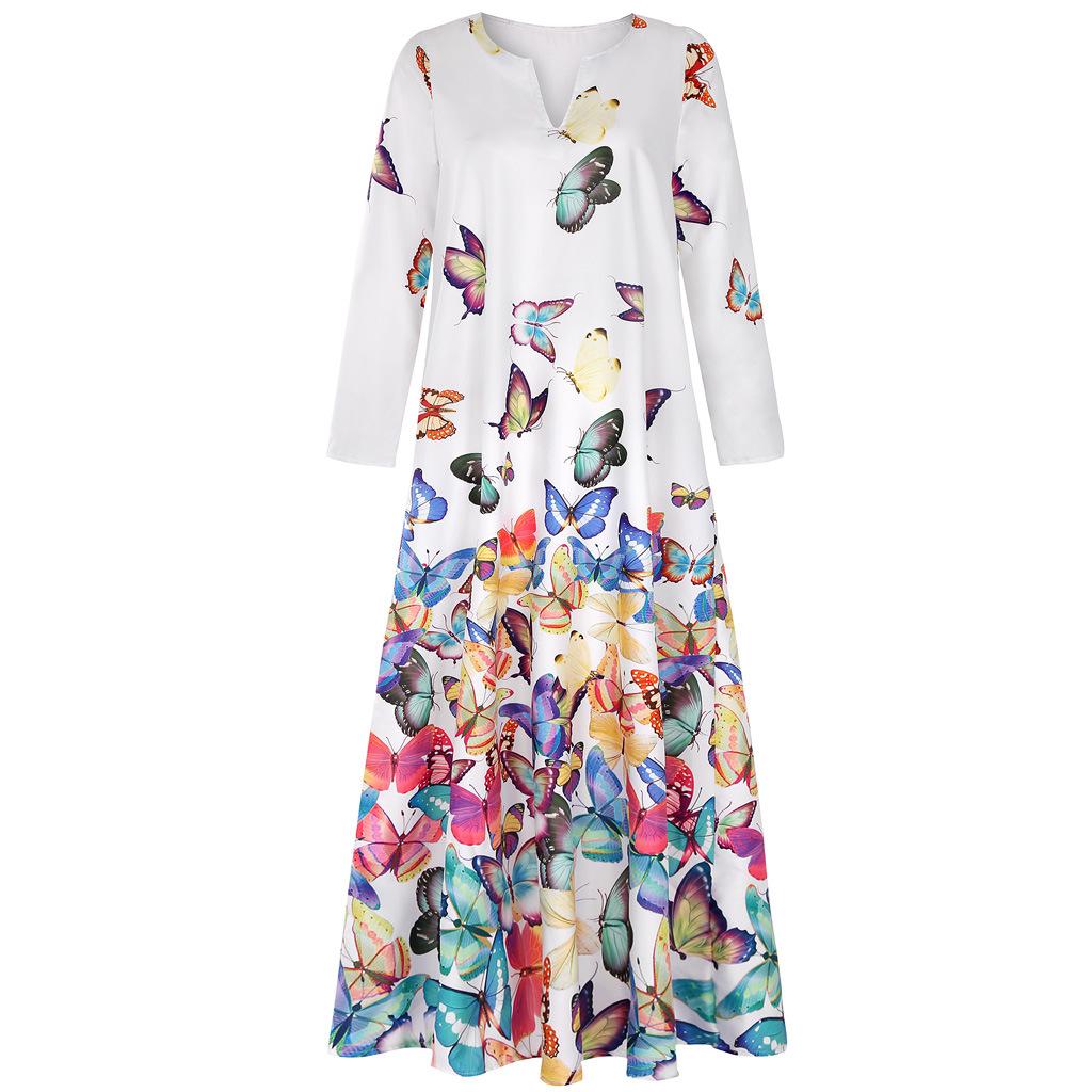 Women's V-Neck Ink Print Butterfly Dress with Pockets, Long Sleeve Summer Style