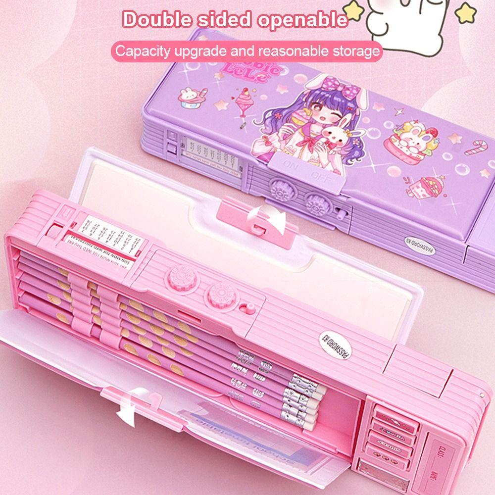 Dual Password Lock Pencil Case Automatic Pop-Up Double Layers Stationery Box Storage Organizer Stationery Case School Office