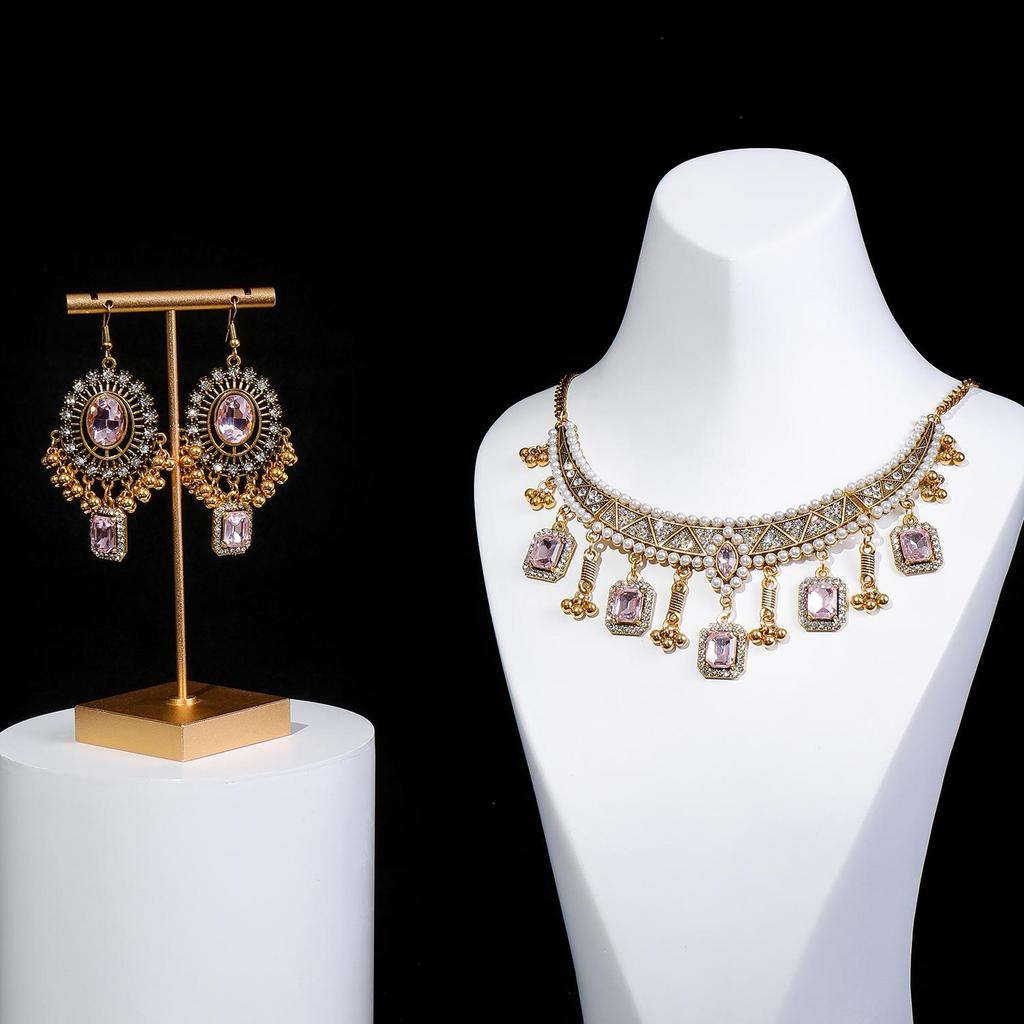 Retro Indian-Style Rhinestone Necklace & Earring Set with Tassel Clavicle Chain