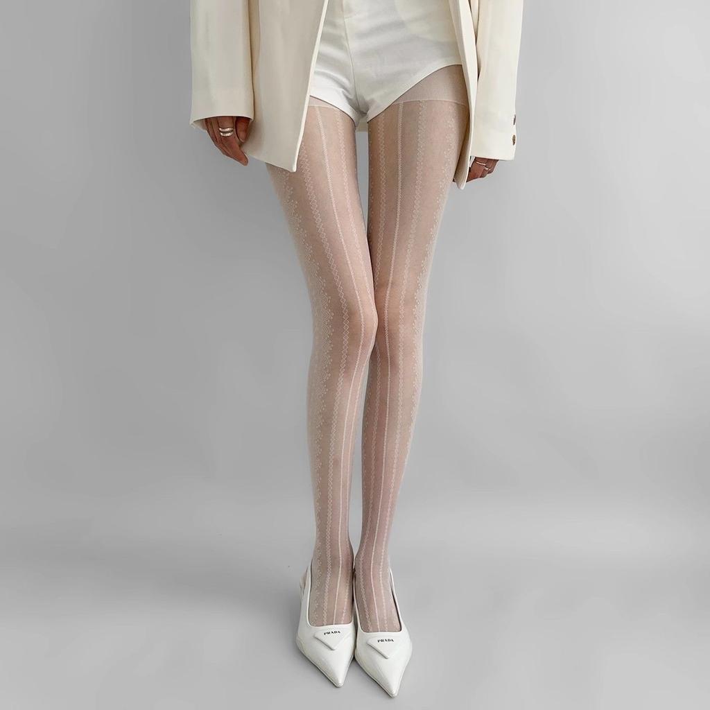 Spring-Autumn Ultra-Thin Leg-Smoothing Pantyhose - Flirty Diamond Lace Socks, White Sheer & Sexy Striped Stockings