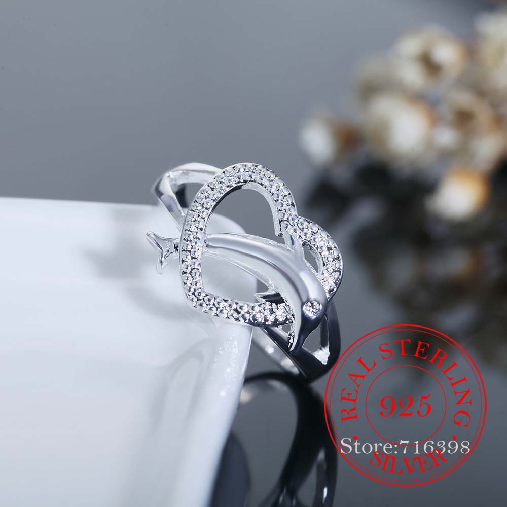 Hochwertiger Delfin Herz Kristall Unendlichkeit Partnerring 925 Sterling Silber Ringe für Damen Herren Bague Argent 925