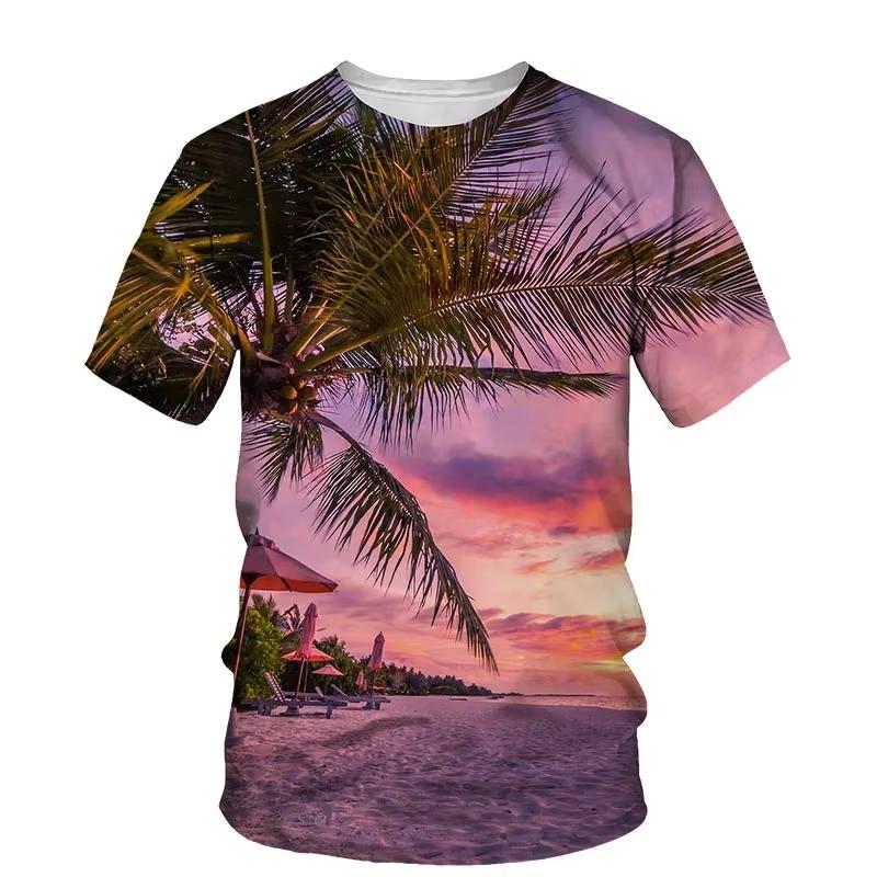 Coconut Plant 3D Printing T-shirts Vacation Sunset Short Sleeves Outdoor Street Summer Round Neck Men's and Women's Unisex T-shirts
