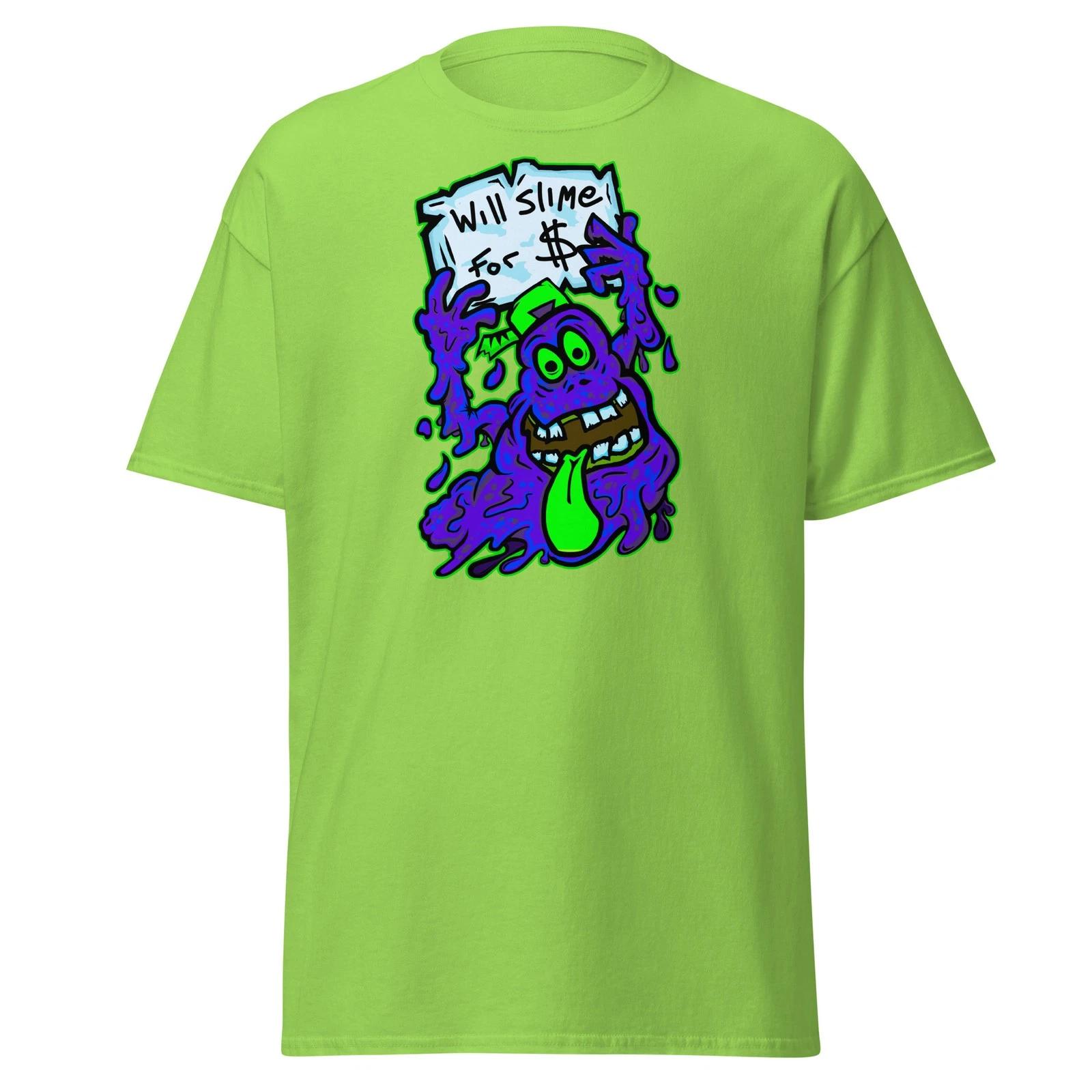 Will Slime For $ Neon Green Graphic T-shirt Funny Cartoon Tee (L) 2XL