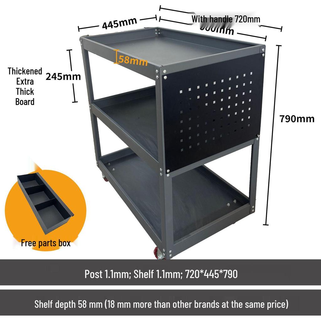 Three-Tier Hand Push Tool Cart for Auto Repair and Maintenance, Multi-functional Mobile Parts Storage Shelf